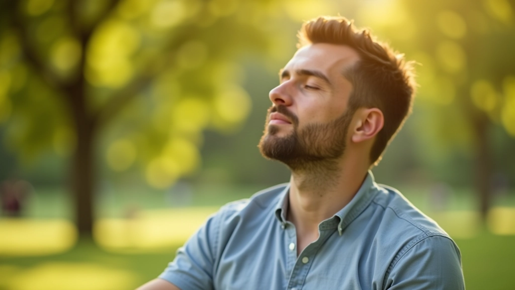 Άντρας κάθεται σε δημόσιο πάρκο με τα μάτια κλειστά κάνοντας ασκήσεις αναπνοής, ηλιόλουστο πρωί